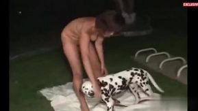 丰满乌木贝贝与毛茸茸的猫获取猫舔和撞通过她的狗