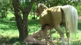 Naked wife tries big horse cock gently in ass