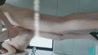 Spreading legs and fucking hard with creampie in bathroom