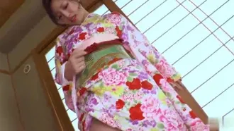 A naughty and cute kimono beauty with a round butt floating on top and a strong style?