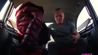 Crazy sex taxi driver teases the blond mature woman, the young passenger, the passenger shows off his muscles all the way and tries his best to satisfy the driver