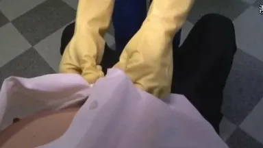 Slut cleaning worker's rubber gloved hand job and masochist ejaculation WASH! 2