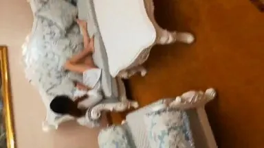 The sexy white and rich young woman seeks excitement and deliberately wears revealing clothes to seduce the waiter in the hotel. She then takes off her lace panties and fucks her hard in the living room. Mandarin!
