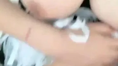 Girl and her boyfriend have sex, masturbate with banana vibrator and have titjob and ride