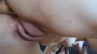 The coquettish wife's pussy is so wet that her asshole is fucked and her hairless pussy is fucked. She is flooded with semen and she blows the flute even harder.