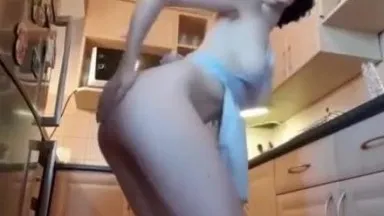 European and American short-haired goddess masturbating in the kitchen